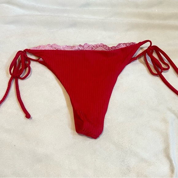 New! Beach Riot Soleil Red ribbed lace trim string Bikini Bottom 3942 - Picture 6 of 7
